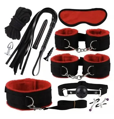 11PCS Bondage, Handcuffs, Strap, Whip, Rope Kit For Couples Fun